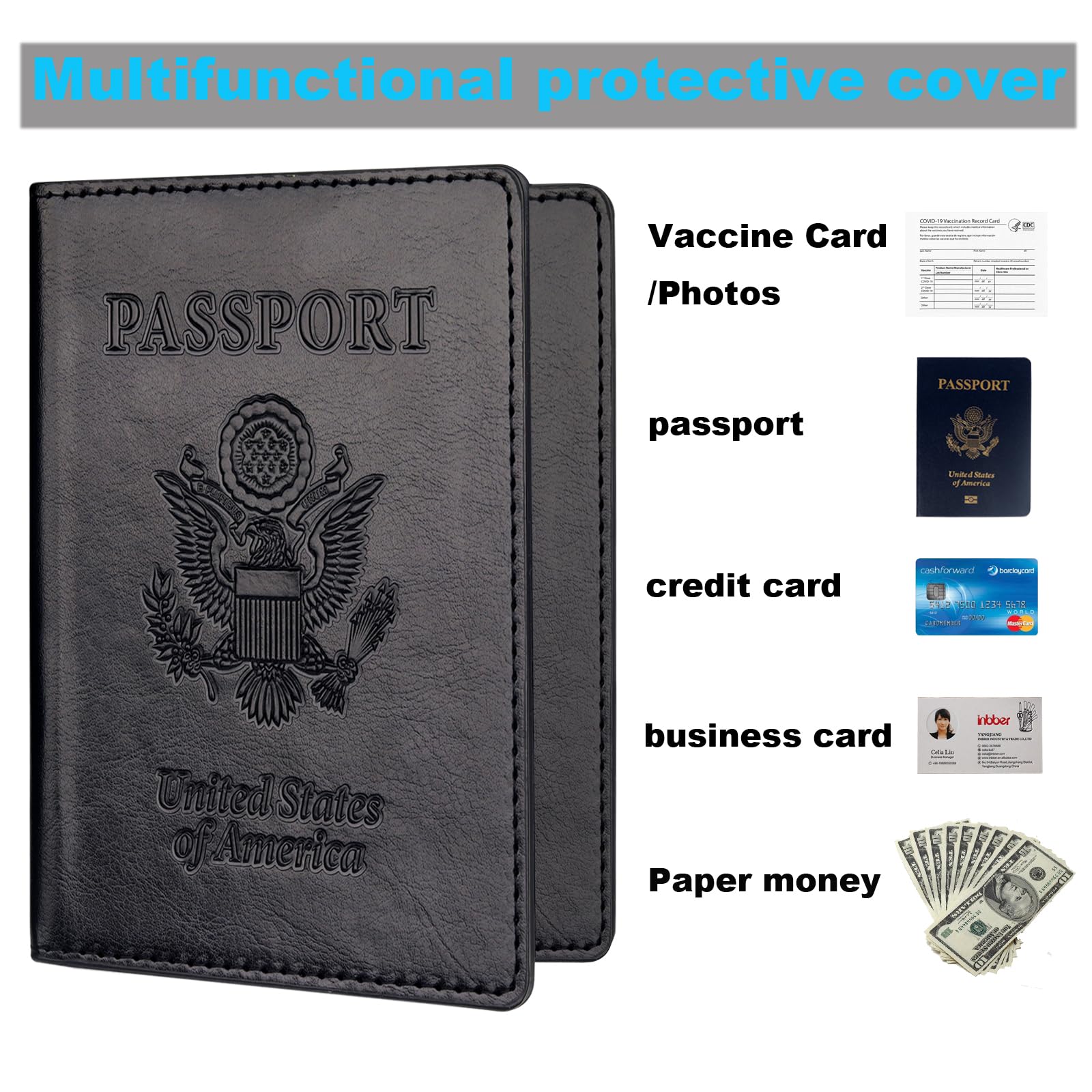 Herain Black & Dark Blue Passport Holder for Travel, Passport Cover Wallet Case 2 Pack Women Men Family Cruise Ship Essentials, Passport Book Holders Travel Vacation Must Haves