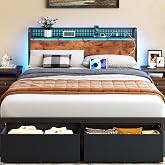 Furnulem Queen Bed Frame with Storage Headboard,Charging Station, 2 Drawers | 2-Tier Wood Shelf,LED Lights,1200 Lbs Capacity,USB &amp; Type-C Ports,No Box Spring Needed,Noise Free,Easy Assembly,Rustic Brown