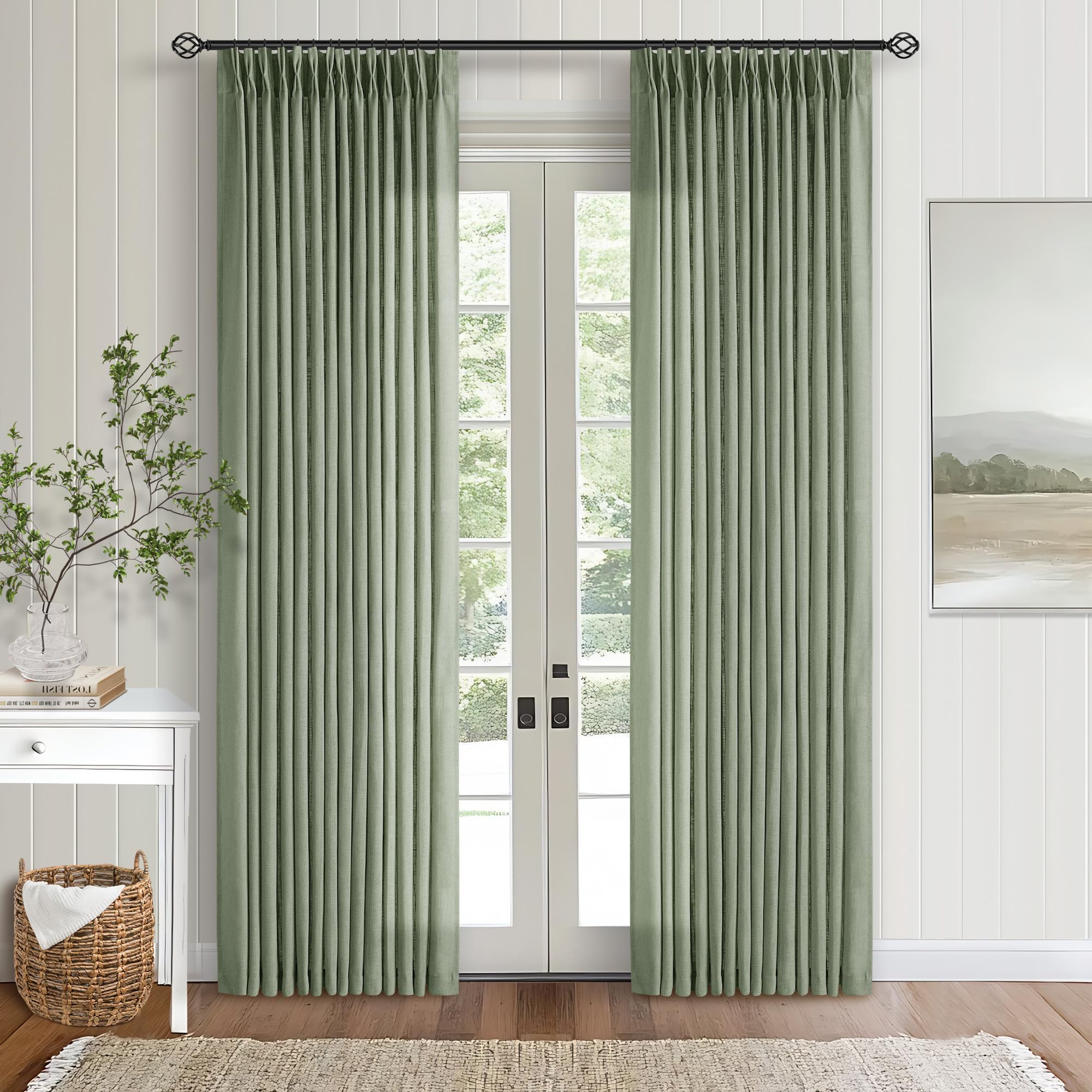Photo 1 of Green Linen Curtains 108 Inches Long 2 Panels Set for Living Room Farmhouse Boho Linen Textured Pinch Pleated Memory Shape Light Filtering Ceiling Semi Sheer Window Curtain Hook Rings Sage Green