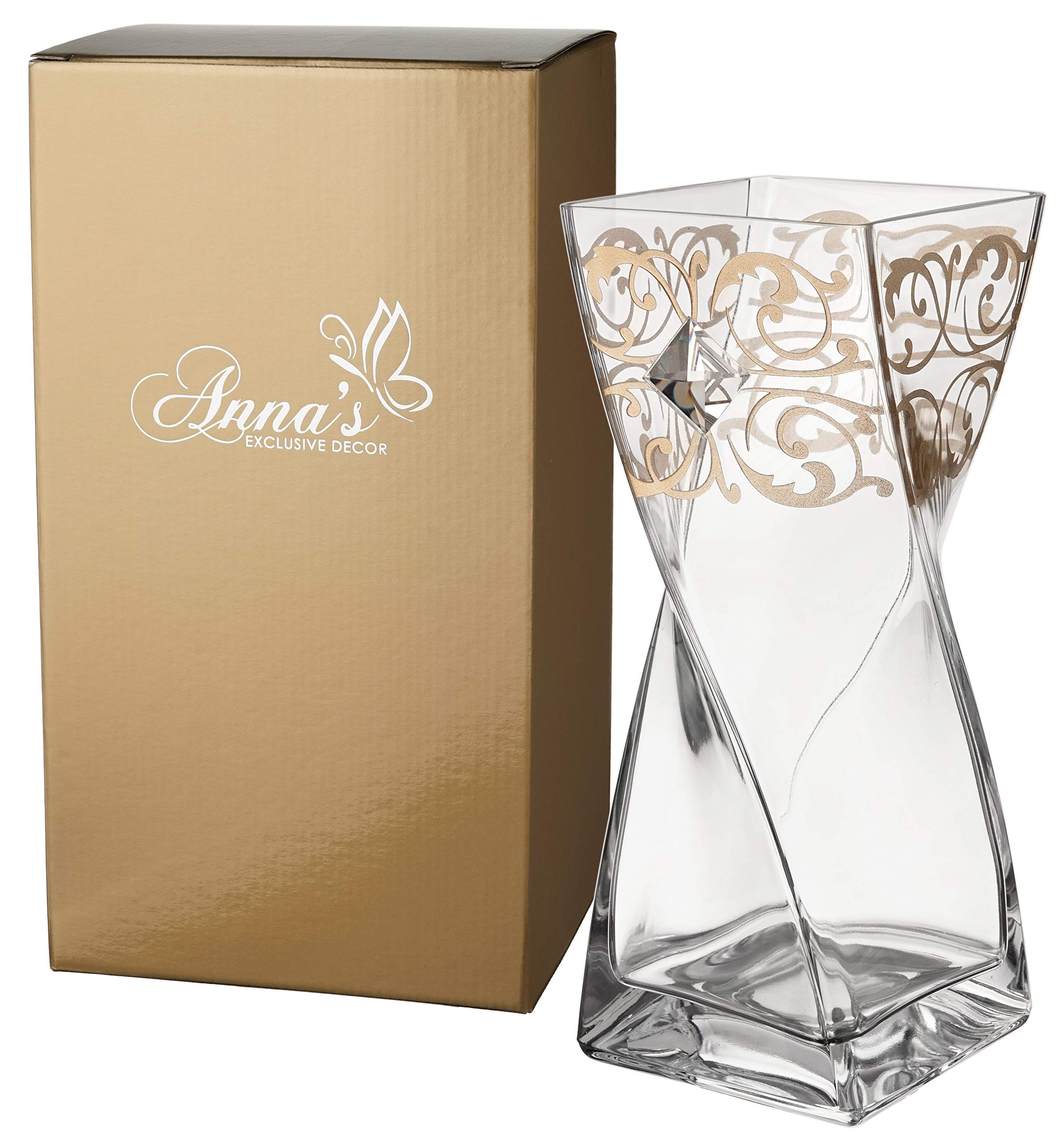 Luxury Large Glass Vase - Decorated with Large Premium Crystal, Hand Painted Golden Ornamental Pattern - Gift Box - Clear Mouth Blown Glass - 30 cm (11.8 in)