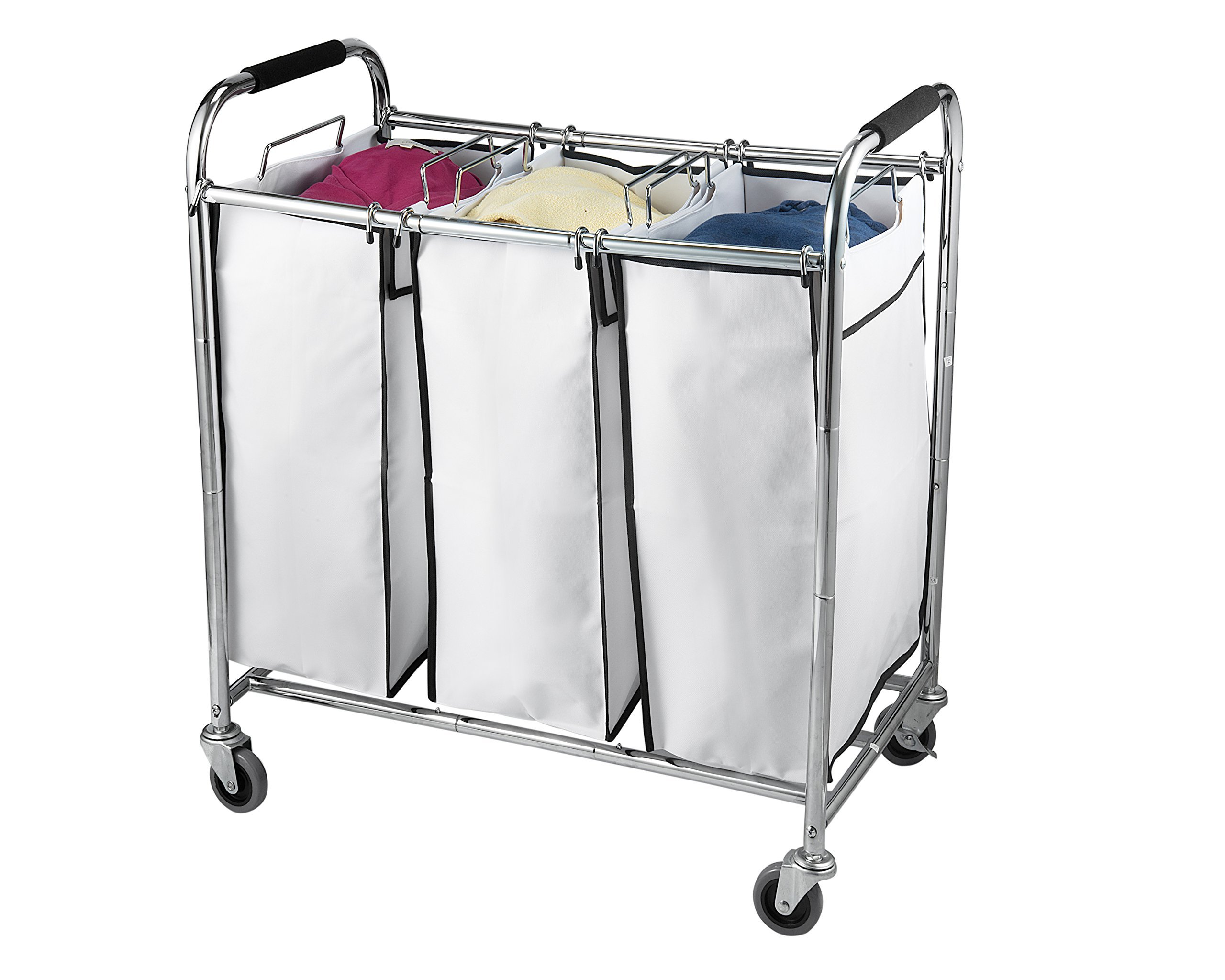 Saganizer Hamper with Wheels Rolling Cart Heavy Duty Triple Laundry Organizer/Sorter, Chrome/White