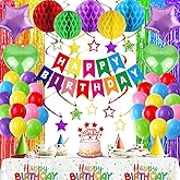 Colorful Birthday Party Decorations Rainbow Happy Birthday Banner Honeycomb Balls Fringe Curtain Foil Balloons Hanging Swirls Cake Topper Tablecloth Party Supplies for Girls Boys Kids Women Men