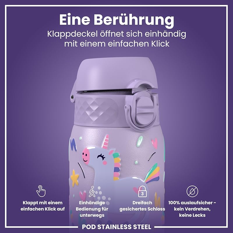 Kinder Trinkflasche Edelstahl Leicht 400ml Nicht Isoliert Auslaufsicher Einhandöffnung Sichere Verriegelung Spülmaschinenfest Klappdeckel Leicht zu Reinigen, Violett Einhorn