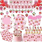 ZOYVUX Strawberry Birthday Decorations, Berry Party Decorations Including Banner, Tablecloth, Backdrop, Cake Topper, Balloons, Hanging Swirls, Plates, Cups For Strawberry Themed Party