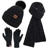 Womens Winter Beanie Hats Scarf Touchscreen Gloves Set Chenille Knit Fleece Lined Beanies Pompom Hat Scarves