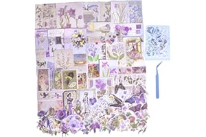 CHRYCELESTE 200pcs Vintage Purple Scrapbook Stickers and Paper, Journal Stickers Kit, Junk Journal Paper Kit - Flowers Butterflies,Plastic Case Packaging with Handy Pliers(Purple Reverie)