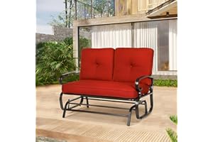 Patiomore Outdoor Loveseat Patio Glider Rocking Bench 2 Seats Wrought Iron Chair Set with Red Cushion