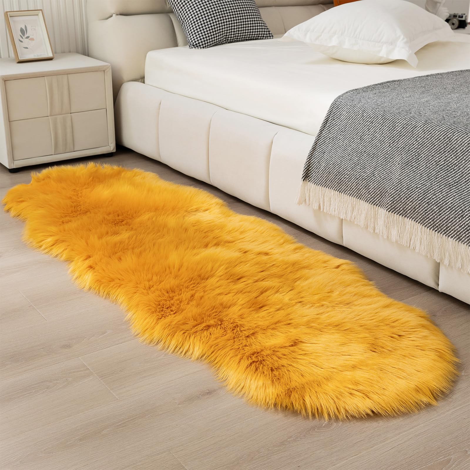 Photo 1 of CKLZSAY Faux Fur Sheepskin Rug Super Soft Fluffy Plush Area Rug Bedroom Floor Children's Room Sofa Cushion Living Room Runners Bedside Rugs (Yellow,2×6 ft Sheepskin)