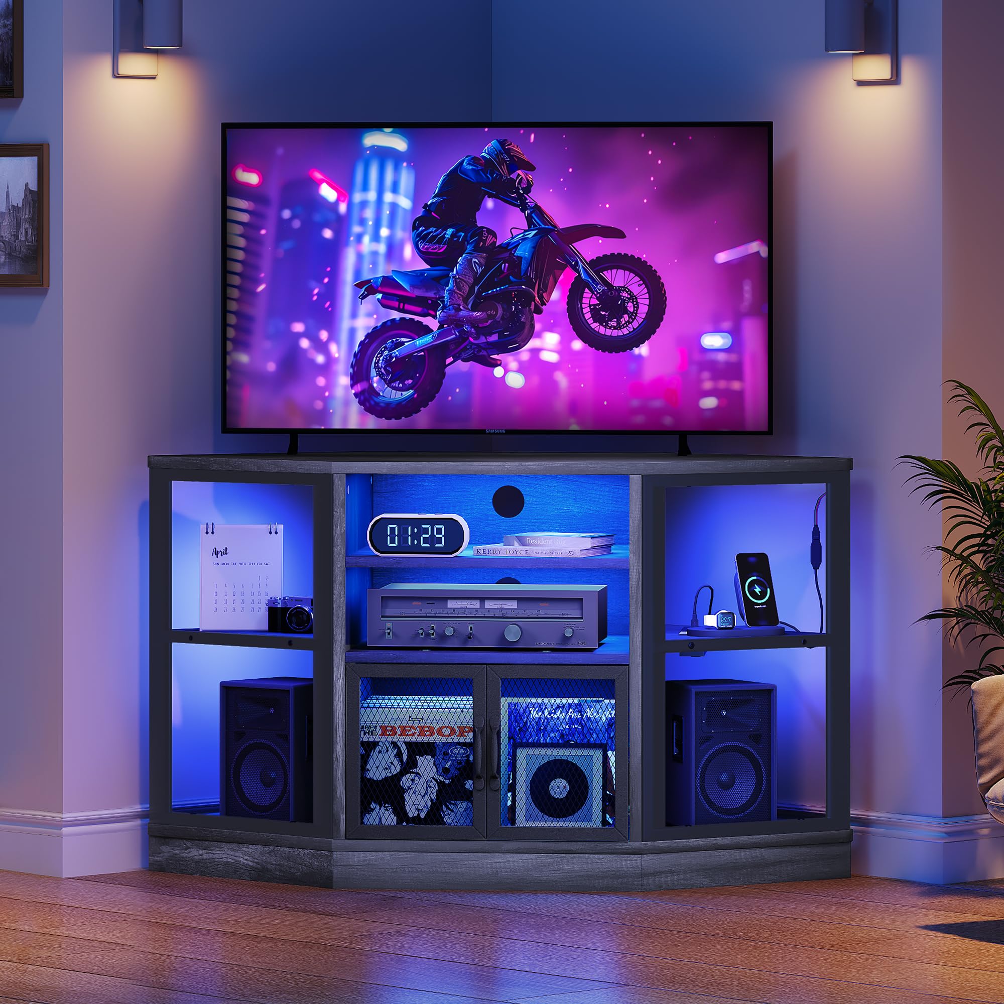 Photo 1 of ****DAMAGED LEG**** YITAHOME Corner TV Stand, Corner Entertainment Center, TV Cabinet with Power Outlet and LED Light Strip, Media Console for Living Room Bedroom, 19.7" D x 47" W x 28" H Grey. ENTERTAINMENT CENTER ONLY 