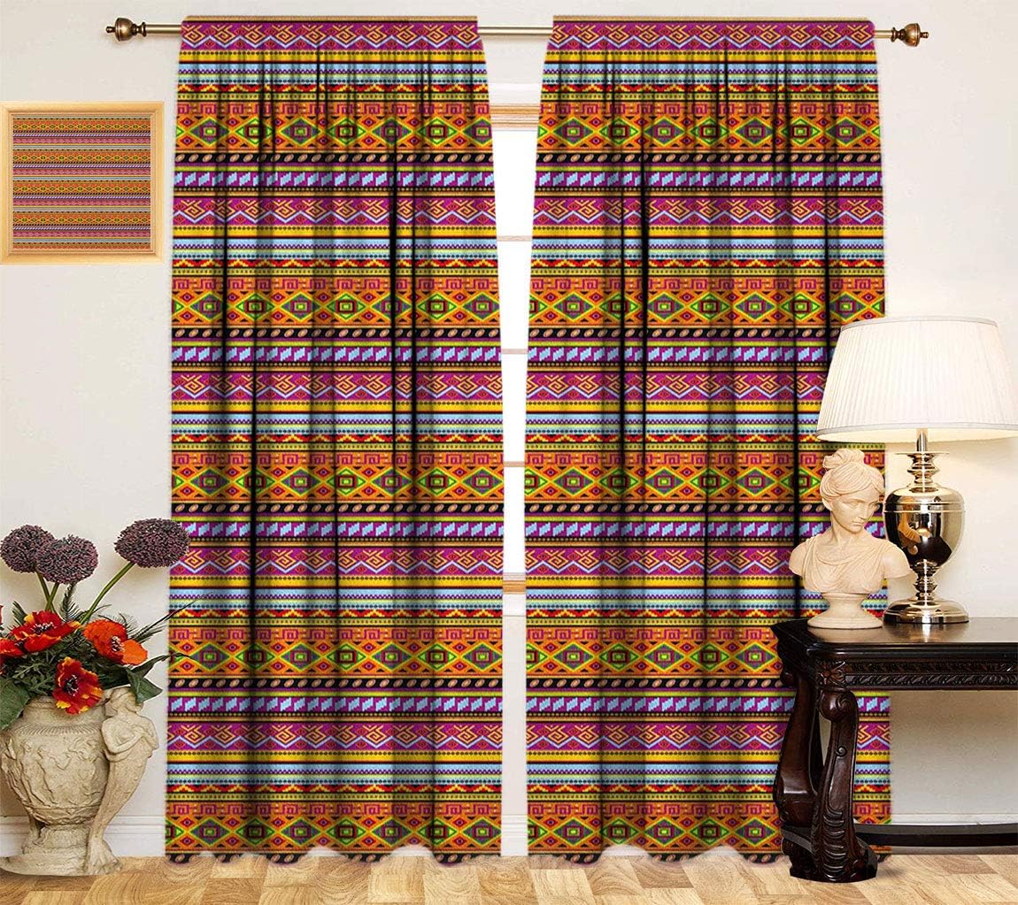 Mexican Curtains, Folkloric Old Vintage Ornament Design with Geometric
