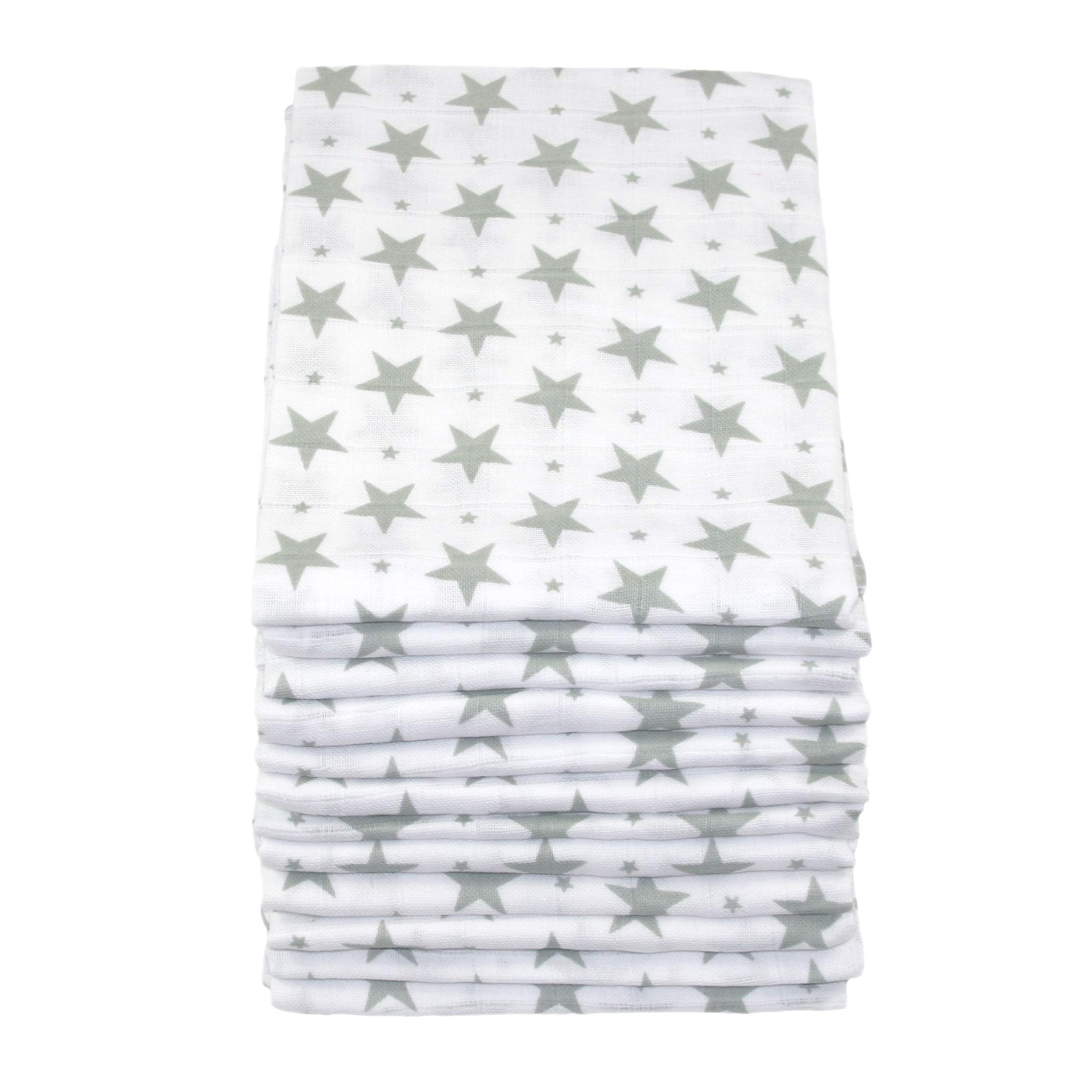 MuslinZ 12 Pack Muslin Cloths 70 x 70cm 100% Pure Cotton Burp Cloths - Multi Use Muslin Squares (Grey Star)