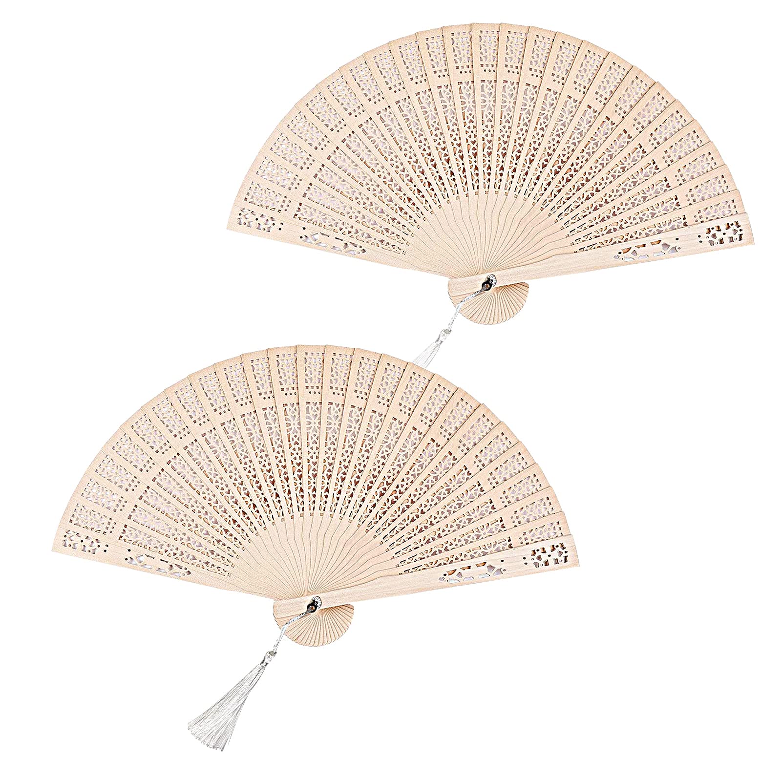 2 Pack Sandalwood Decorative Fan - Vintage Folding Handheld Fan for Wedding & Special Occasions. Wooden and Hollow, Comes With Tassels