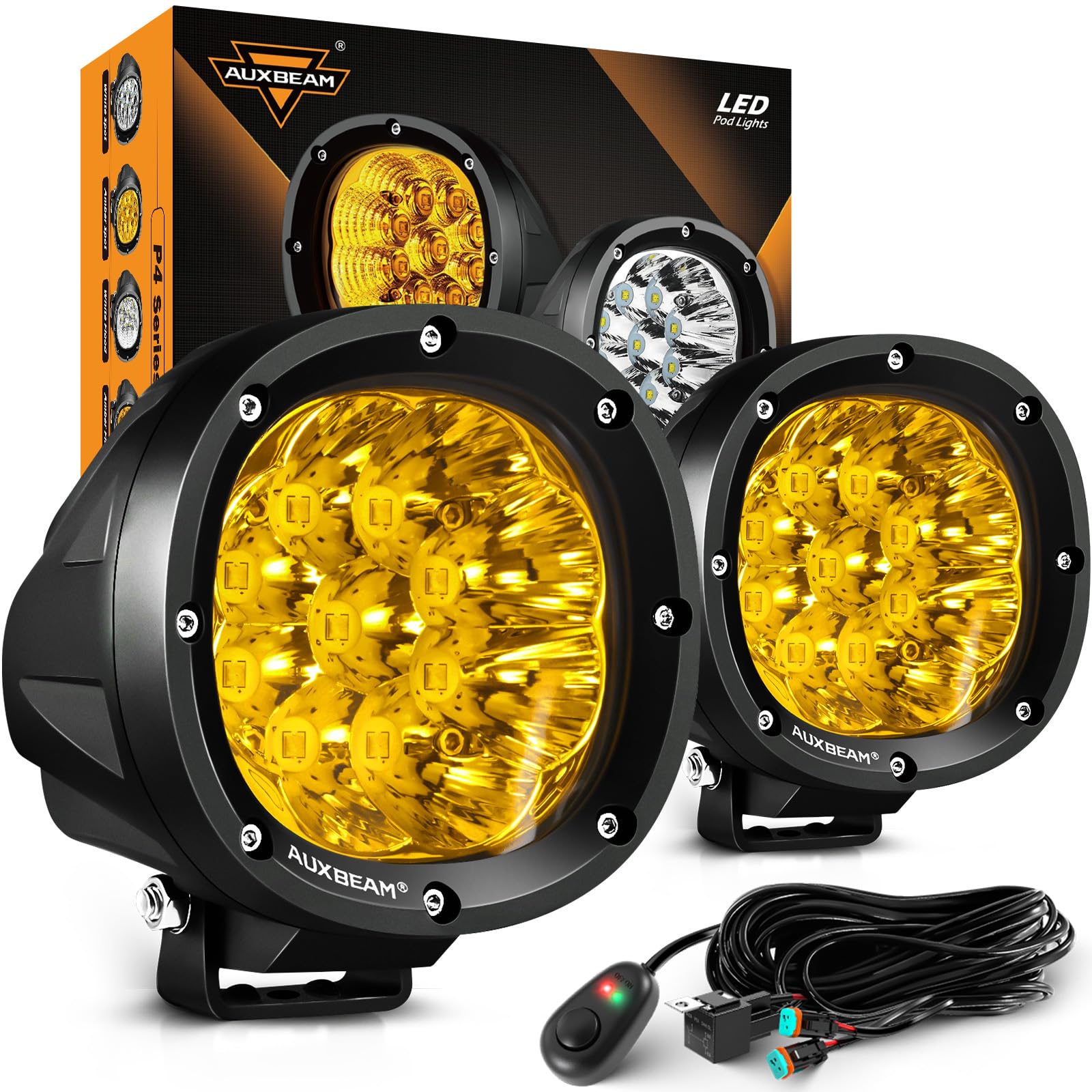 Photo 1 of Auxbeam P4 Series LED Amber Fog Lights, 4 Inch 90W Yellow Round Offroad Light Bar, Spot Beam Off Road LED Pods Bumper Ditch Lights, for Trucks Car Motorcycle UTV, Pair