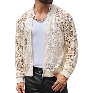 Csqopt Men's Sheer Floral Lace Jacket Zip Mesh Long Sleeve See Through Bomber Clubwear