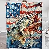Zeleda Patriotic Fish Blanket,Gifts for Fishing Lovers,Lightweight Flannel Throw Blankets,American Flag Background Throws Home Decor,for Couch Living Room Office,60x50inch