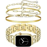 JR.DM Gold Watch Band and 3Pc Bracelets Set for Women Compatible with Apple Watch 38/40/41/42/44/45/46/49mm Elegant Metal Strap Jewelry Chain Bracelet for iWatch Series1/2/3/4/5/6/7/8/9/10/11 SE3/2/1