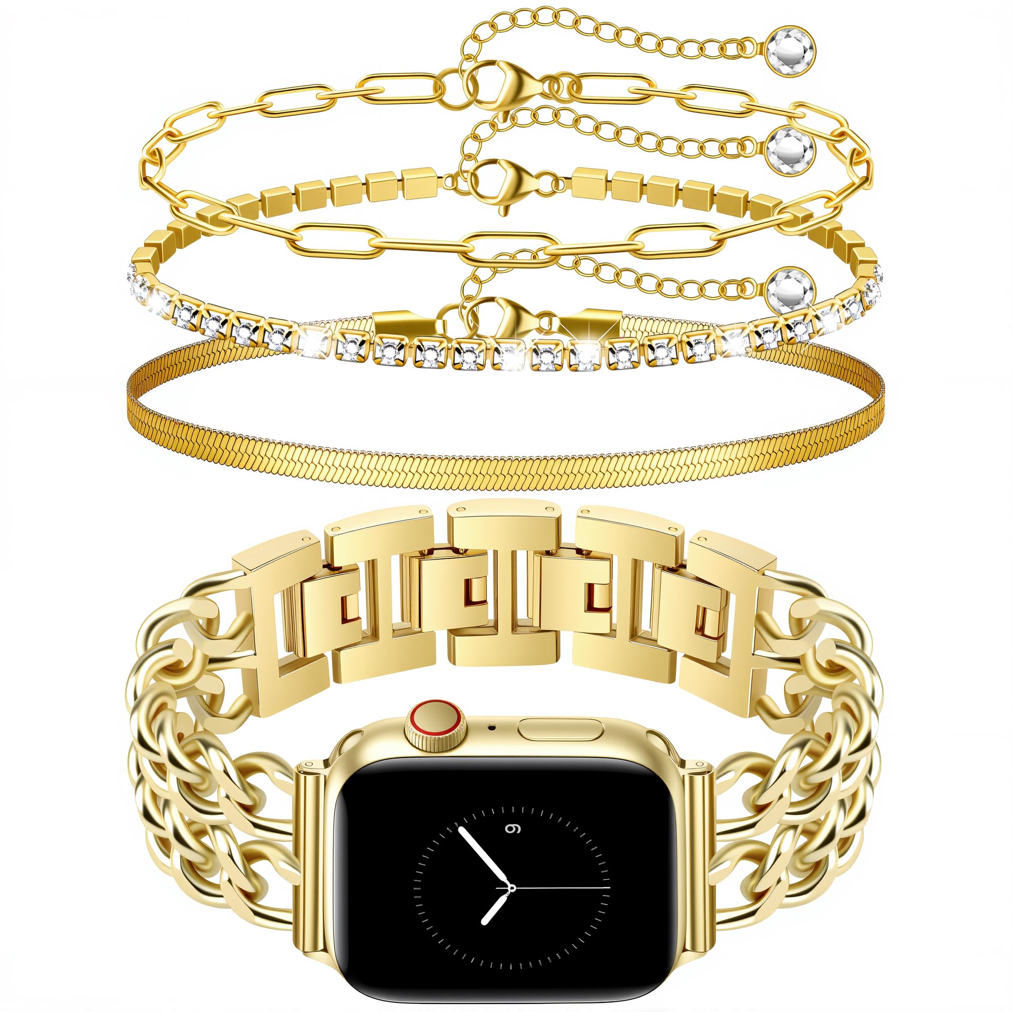 Photo 1 of Gold Watch Band and 3Pc 14k Gold Bracelet Set Compatible with Apple Watch Band 42/44/45/46/49mm Adjustable Metal Band Cowboy Steel Chain Bracelet for iWatch Series1/2/3/4/5/6/7/8/9/10/SE (No Case)