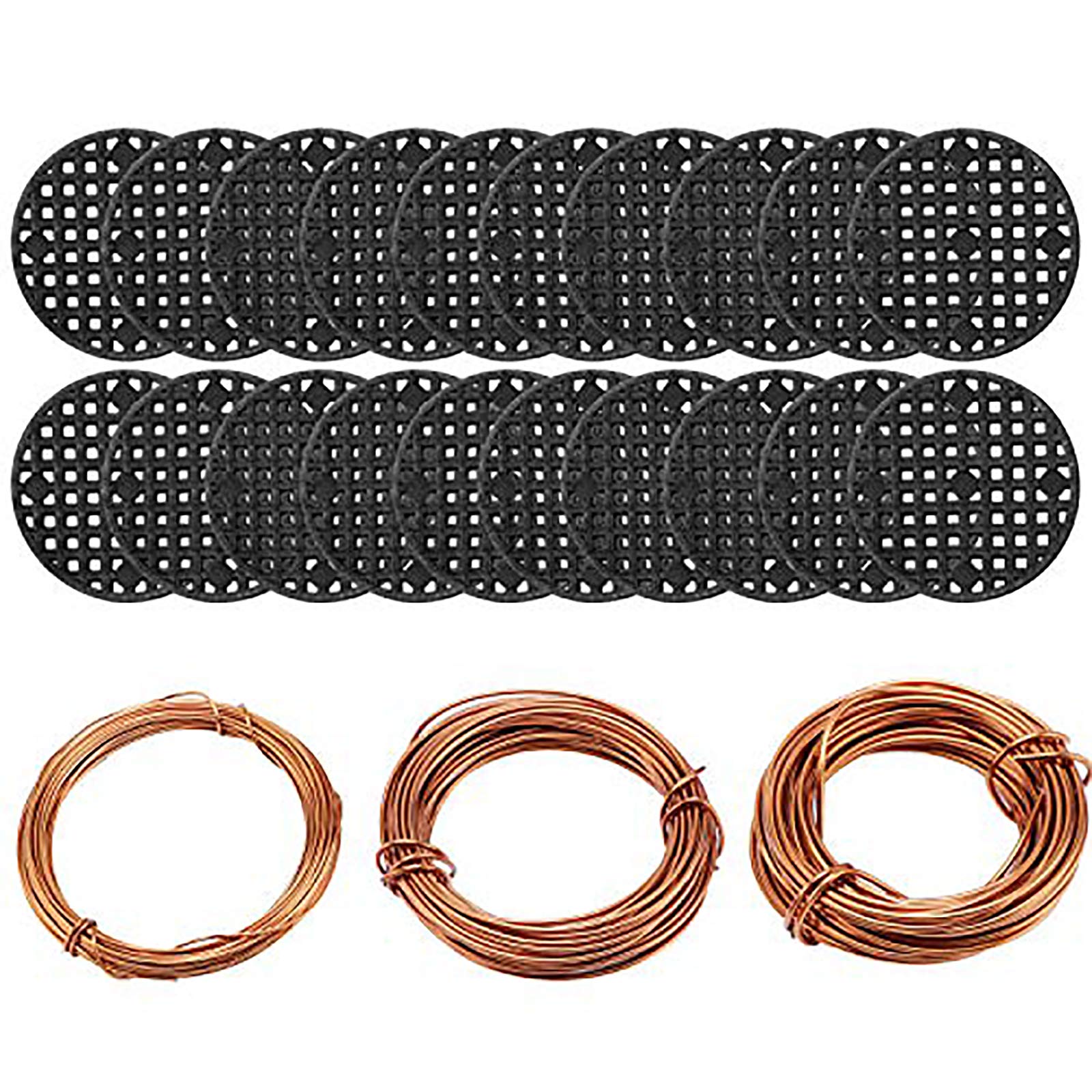 DesignerBox Bonsai Tool Set, 30M Aluminium Bonsai Training Wire Line 3-Sizes (1.0mm/1.5mm/2.0mm) and 20 Pcs Flower Pot Hole Mesh Pad (4.5cm/1.8 inches) for Outdoor Plant Pot & DIY Hanging Art Crafts