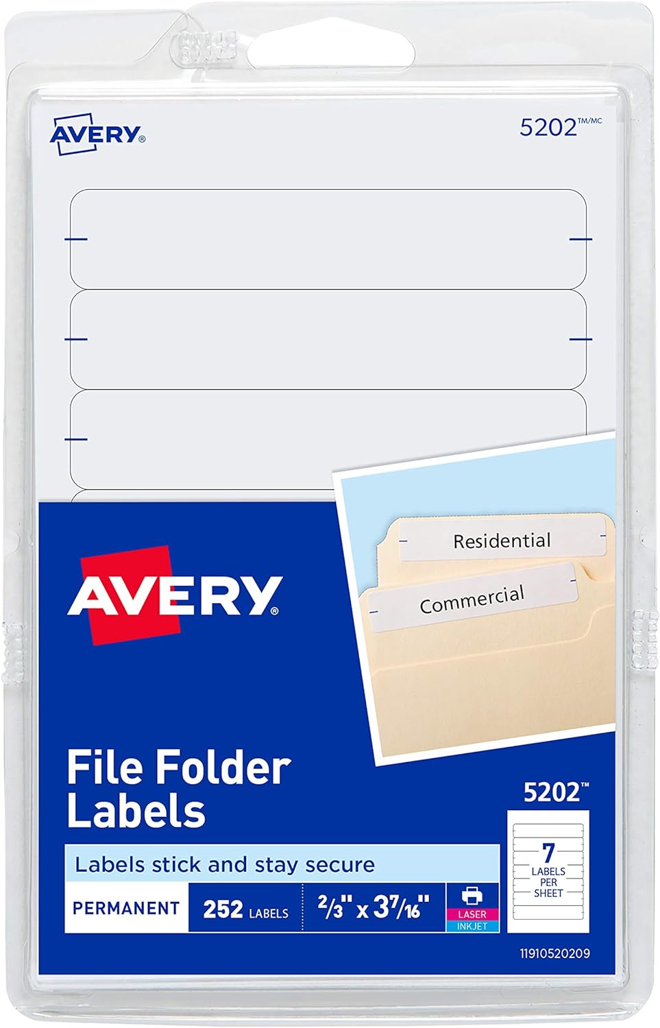 Avery File Folder Labels, Laser and Inkjet Printers, 1/3 Cut, White, Pack of 252 (05202) : Office Products