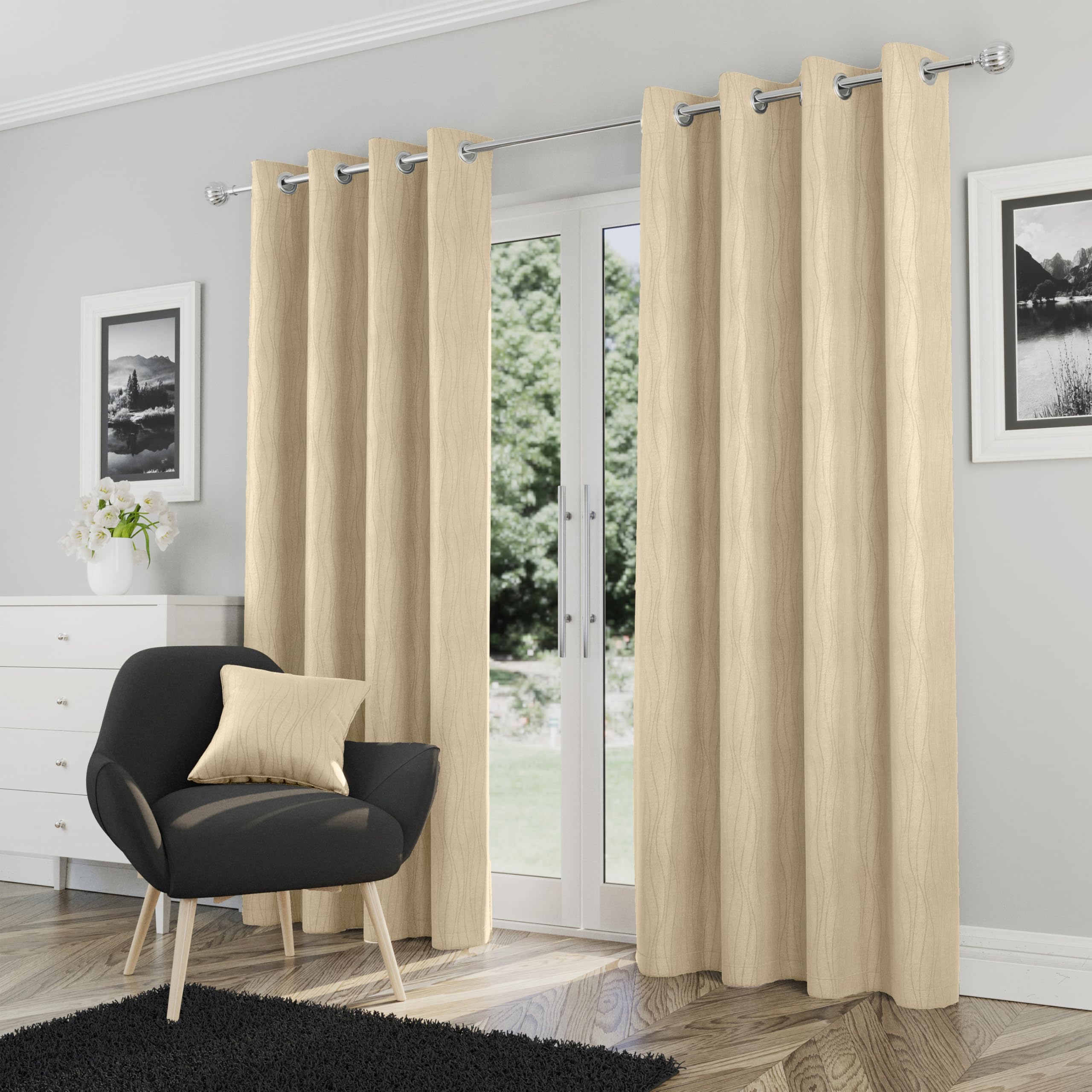 Enhanced Living Goodwood Eyelet Cream Curtains for Bedroom with Subtle Wave Pattern - 90x90 inch (229x229 cm) - Noise Reducing Thermal Curtains for Bedroom - 2 x Curtain Panels