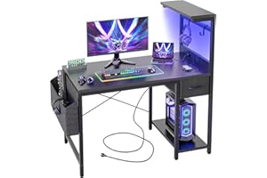 TIQLAB Gaming Desk 40 inch with Power Outlet and LED Light, Computer Desk with Reversible Shelves and Storage Drawer, Small PC Desk for Home Office Table with Bag, Carbon Fiber Black