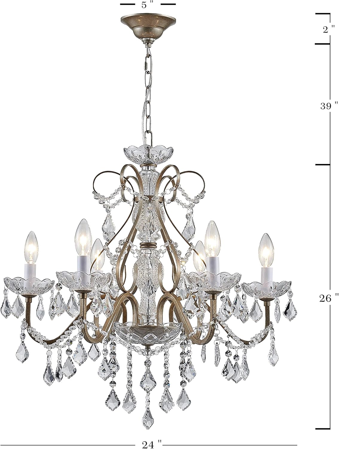 BESTIER Antique Silver Vintage Candle Chandelier Crystal Lighting Fixture Lamp for Dining Room Bathroom Foyer Livingroom 6 E12 Bulbs Required D24 in x H26 in - - 