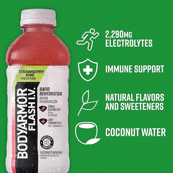BODYARMOR FLASH I.V. ELECTROLYTE BEVERAGE, STRAWBERRY KIWI, HYDRATION DRINK WITH COCONUT WATER FOR RAPID REHYDRATION, POST WORKOUT RECOVERY, 20 FL OZ (PACK OF 12)
