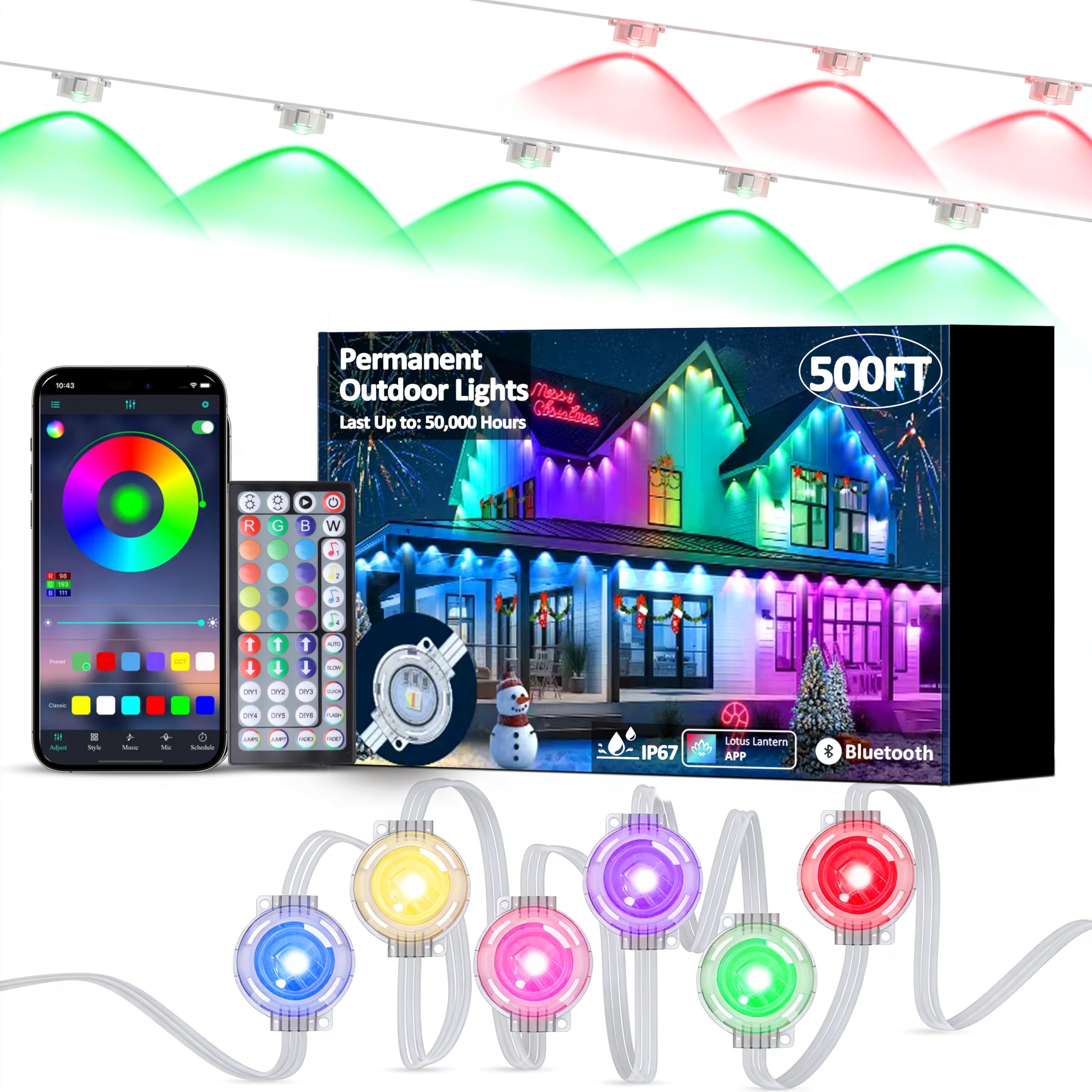 Photo 1 of RGB Permanent Outdoor Lights, 500FT Smart LED Eaves Lights with APP & Remote Control, IP67 Waterproof Outdoor String Lights for Christmas, Halloween,Party, Garden, Patio, House Decor(2 Rolls of 250FT)