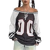 SHENHE Women's Oversized Graphic Jersey Shirt Y2k Off Shoulder Long Sleeve Top Streetwear