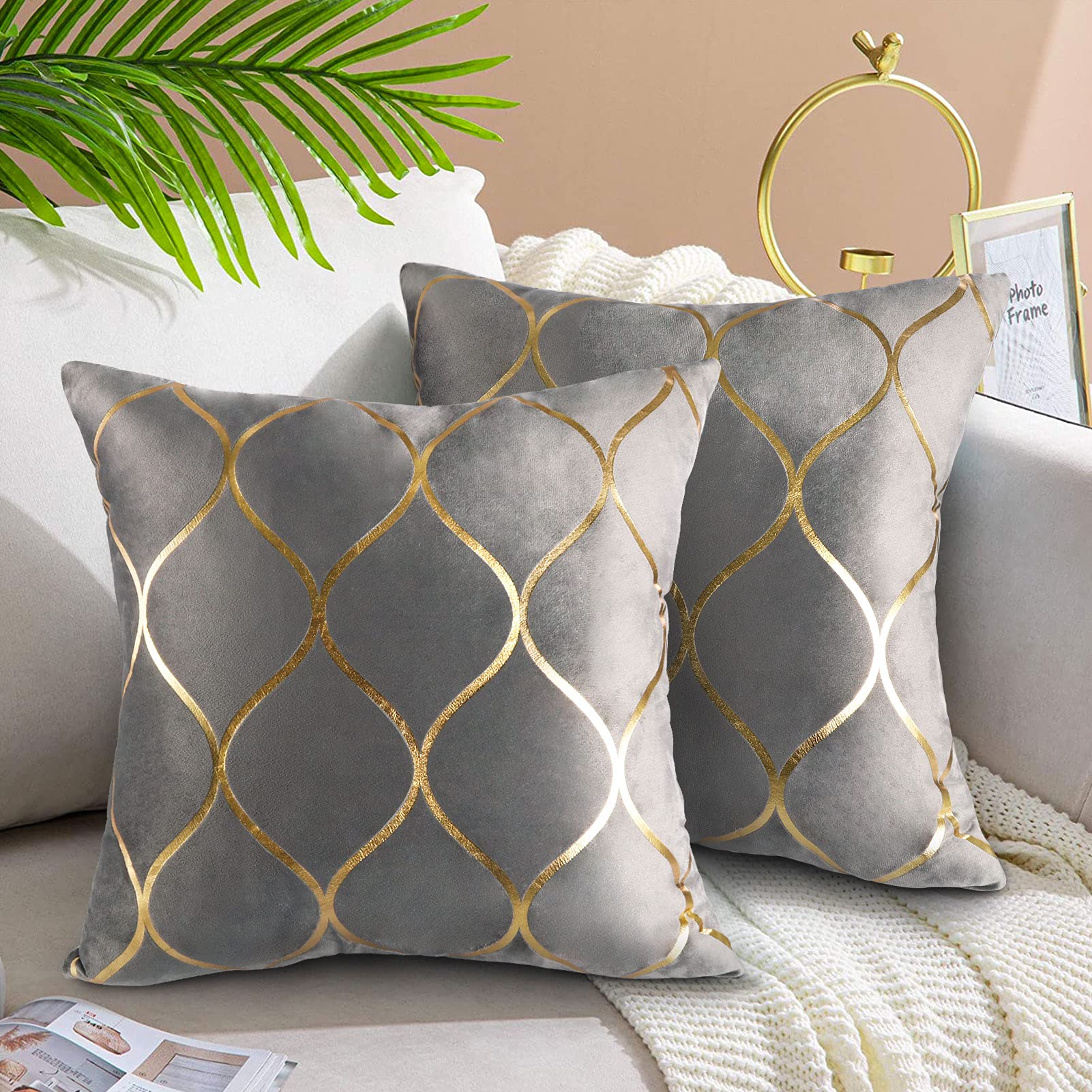 Hanrunsi Grey and Gold Cushion Covers 16 x 16 Soft Pillowcase Square Decorative Cushions 40 x 40 Throw Pillow Covers for Couch Sofa Bedroom Living Room