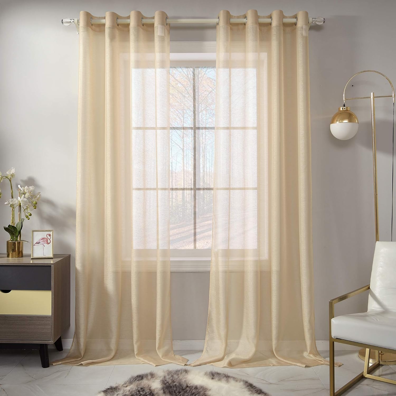 Outdoor Curtains - RAIN CITY Beige Sheer Curtains 108 Inch Length Set 2 Panels for Living Room Semi Voile Sheer Drapes Luxury Grommet Beige Textured Sheer Curtains for Patio Outdoor Decor 52 X 108 Inches 9 FT Long