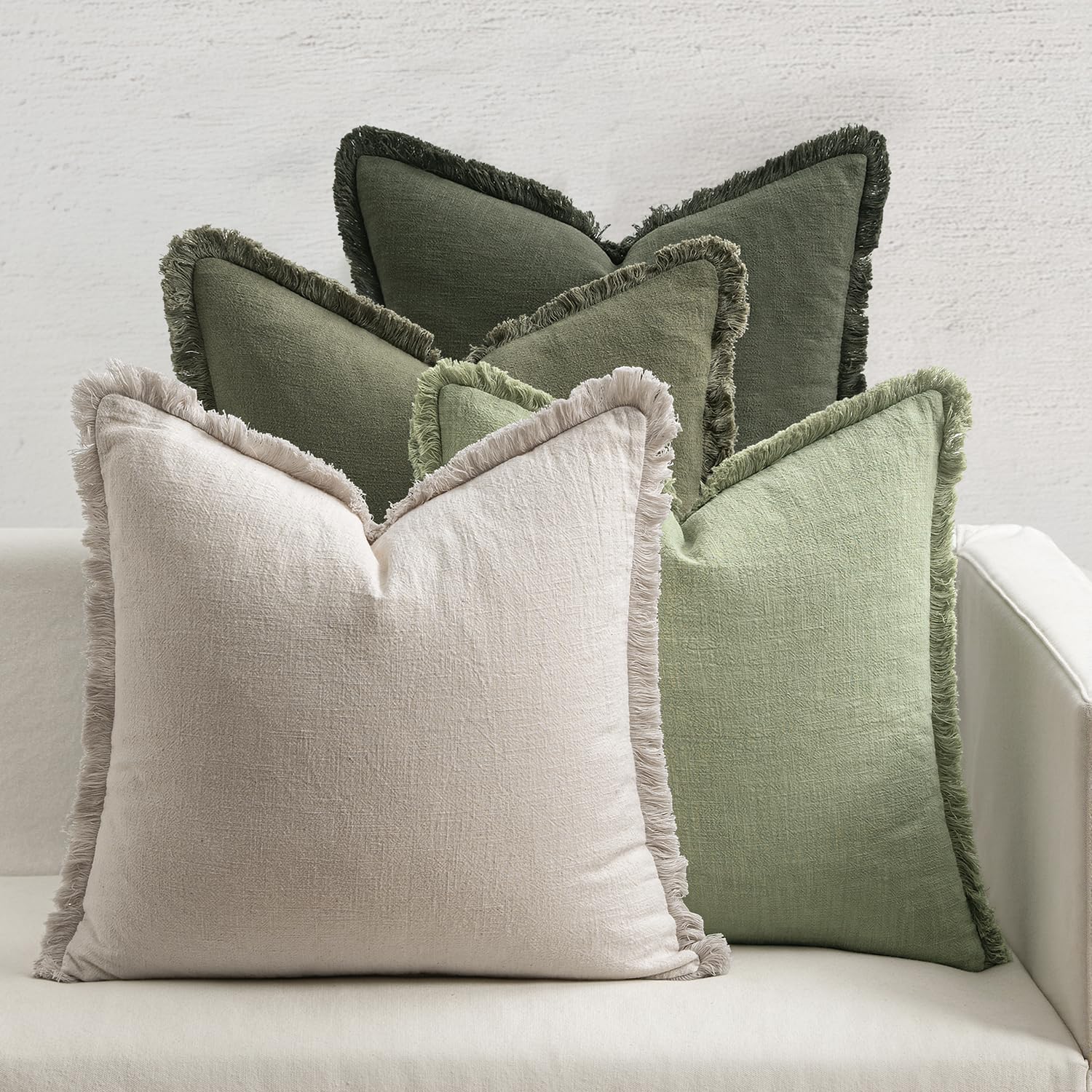 Photo 1 of MIULEE Christmas Decorative Couch Pillow Covers Neutral Linen Fringe Throw Pillows Set of 4 Boho Farmhouse Accent Cushions for Bed Sofa Living Room Spring Home Decor 18x18 Inch Beige/Sage Green