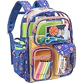 Bagseri Clear Backpack for Boys, 15 Inch Heavy Duty Kids Transparent Bookbag for School Kindergarten to 2nd Grade, Fits 12.5 Inch Folders, High Visibility Reflective Strips, Blue Basketball