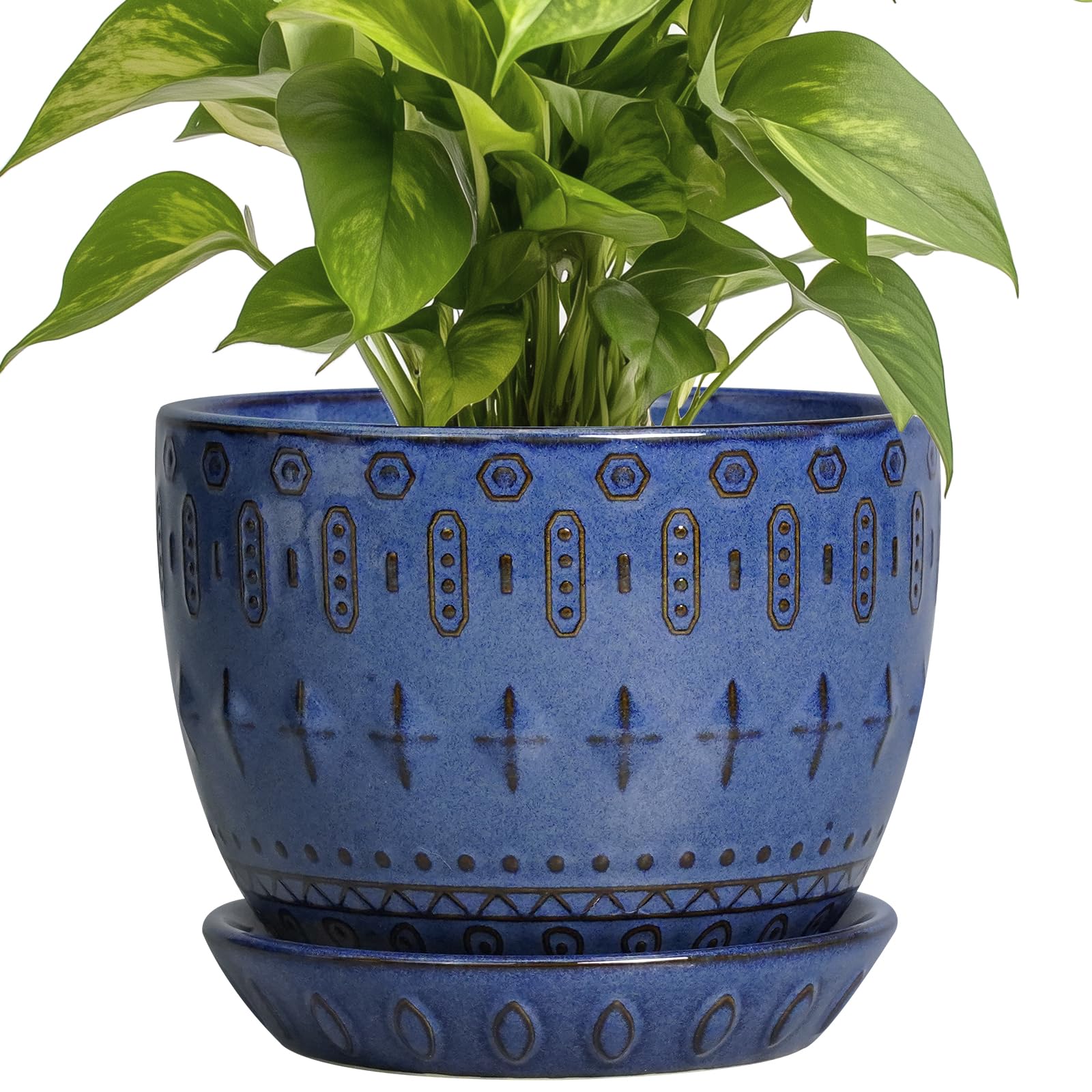 Photo 1 of G EPGardening Plant Pot 5 Inch - Ceramic Planter for Indoor Plants Outdoor, Succulent Orchid Pot with Drainage Hole and Saucer, Round Flower Pot for Home Decor, Blue