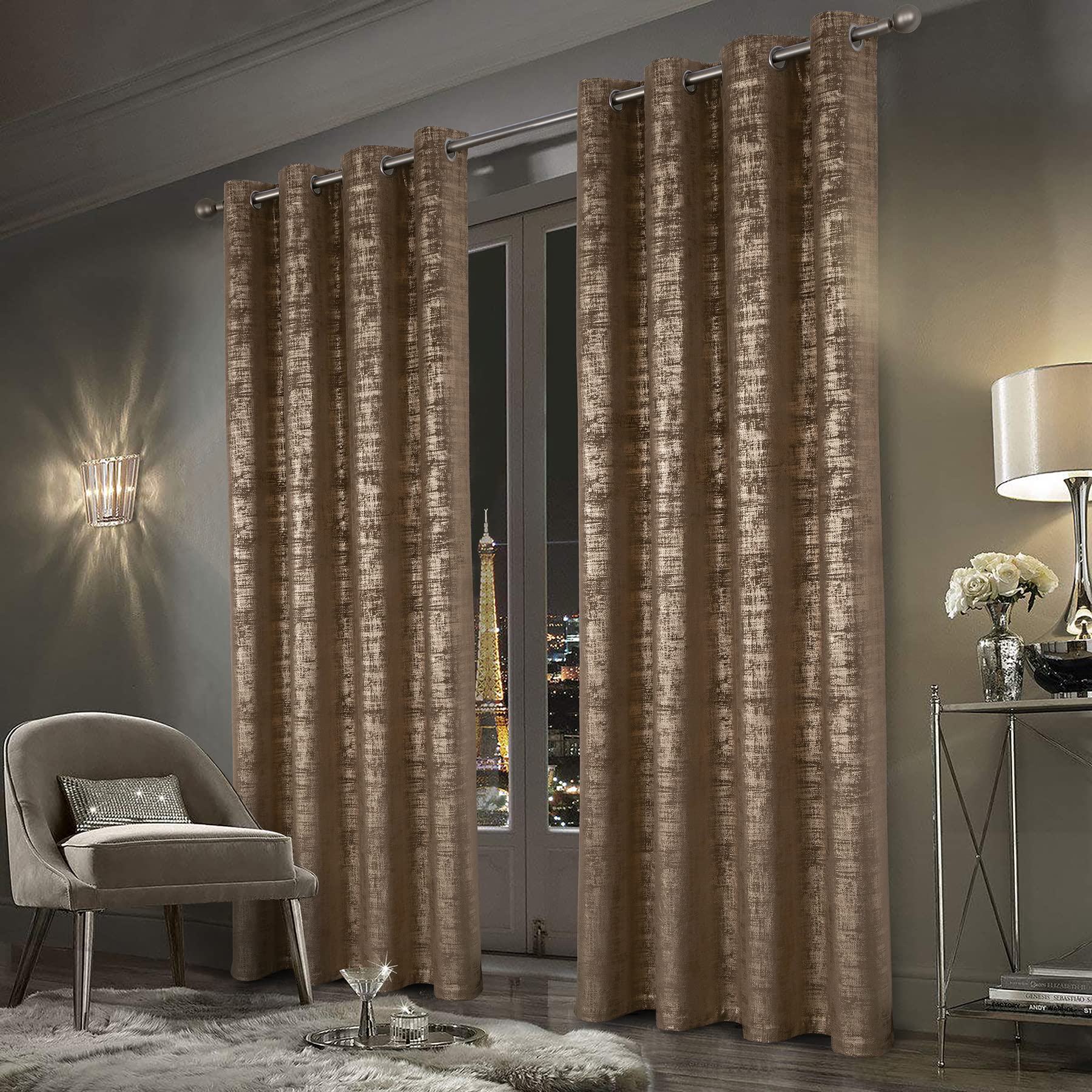 always4u Soft Velvet Curtains 100% Blackout Window Treatments Energy Efficiency for Bedroom Gold Foil Printed Shining Luxury Curtain Drapes 1 Pair Brown 46 * 54 — image 1