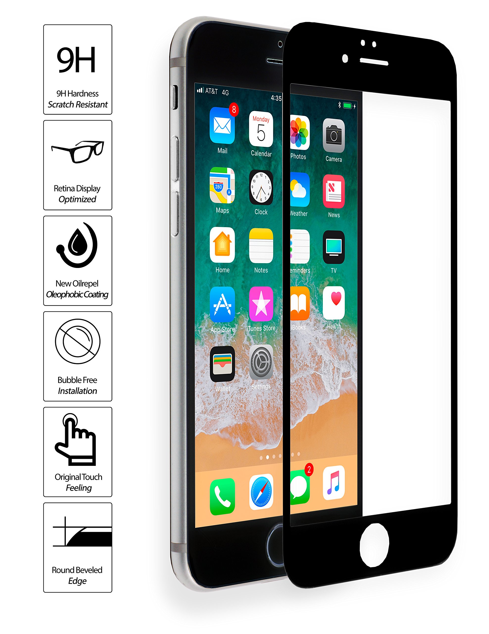 MyGadget Displayschutz Folie Clear für Apple iPhone 6 / 6s - Panzerglas Full Screen 9H hart - abgerundete Glasfolie Display Schutzfolie Klar in Schwarz