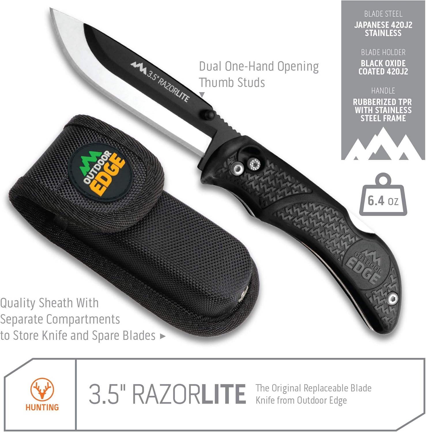 Outdoor Edge RazorLite - Replaceable Blade Folding Hunting Knife with Rubberized Nonslip TPR Handle, 6-Blades and Nylon Belt Sheath (Black) : Tactical Knives : Sports & Outdoors