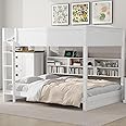 DNChuan Queen Over Queen Bunk Bed with Storage and USB Ports,Wooden Bunker Bed Frame and Underneath Bookshelf,No Box Spring Needed,Kids,Adults-White