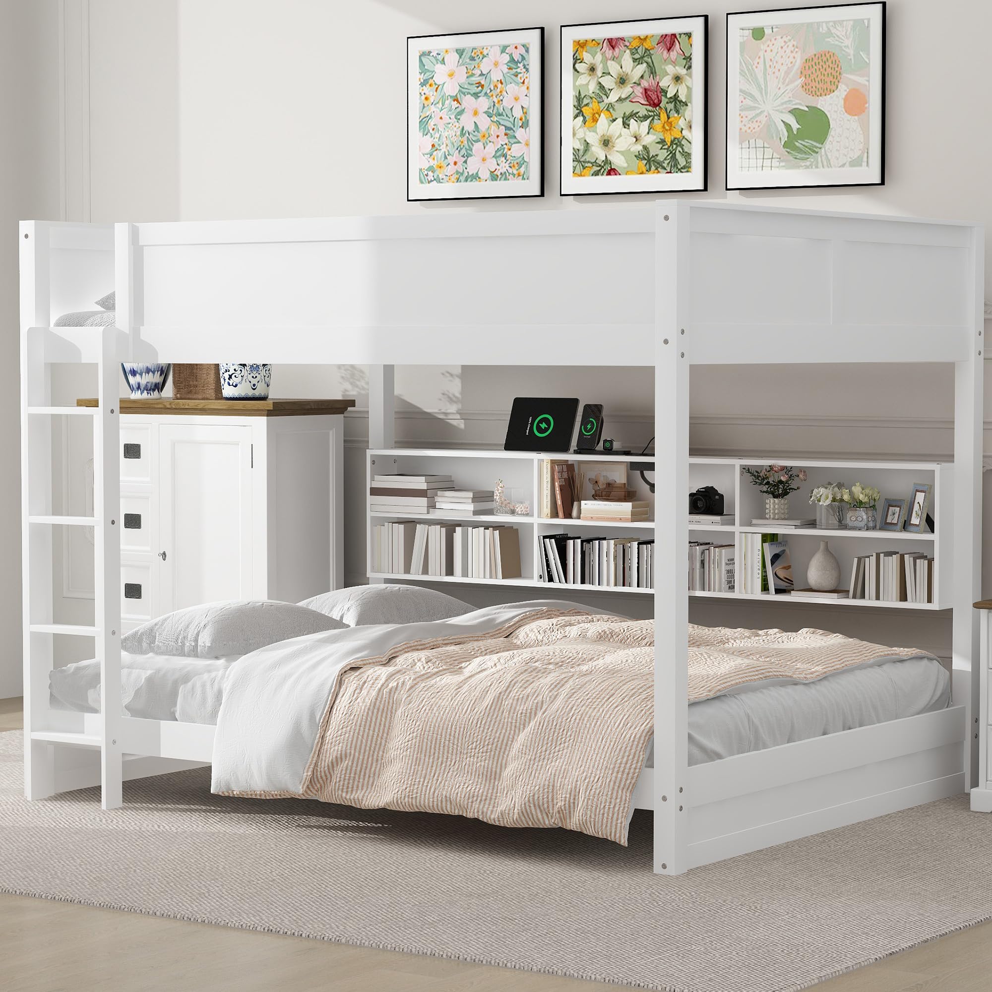 Photo 1 of **BOX 1 OF 3 ONLY/INCOMPLETE SET**Queen Over Queen Bunk Bed for Kids/Adults,Queen Size Bunk Beds with Charging Station and Bookcase,Solid Wood Bunk Beds Queen Over Queen,Queen Bunk Beds for Girls,Boys,White