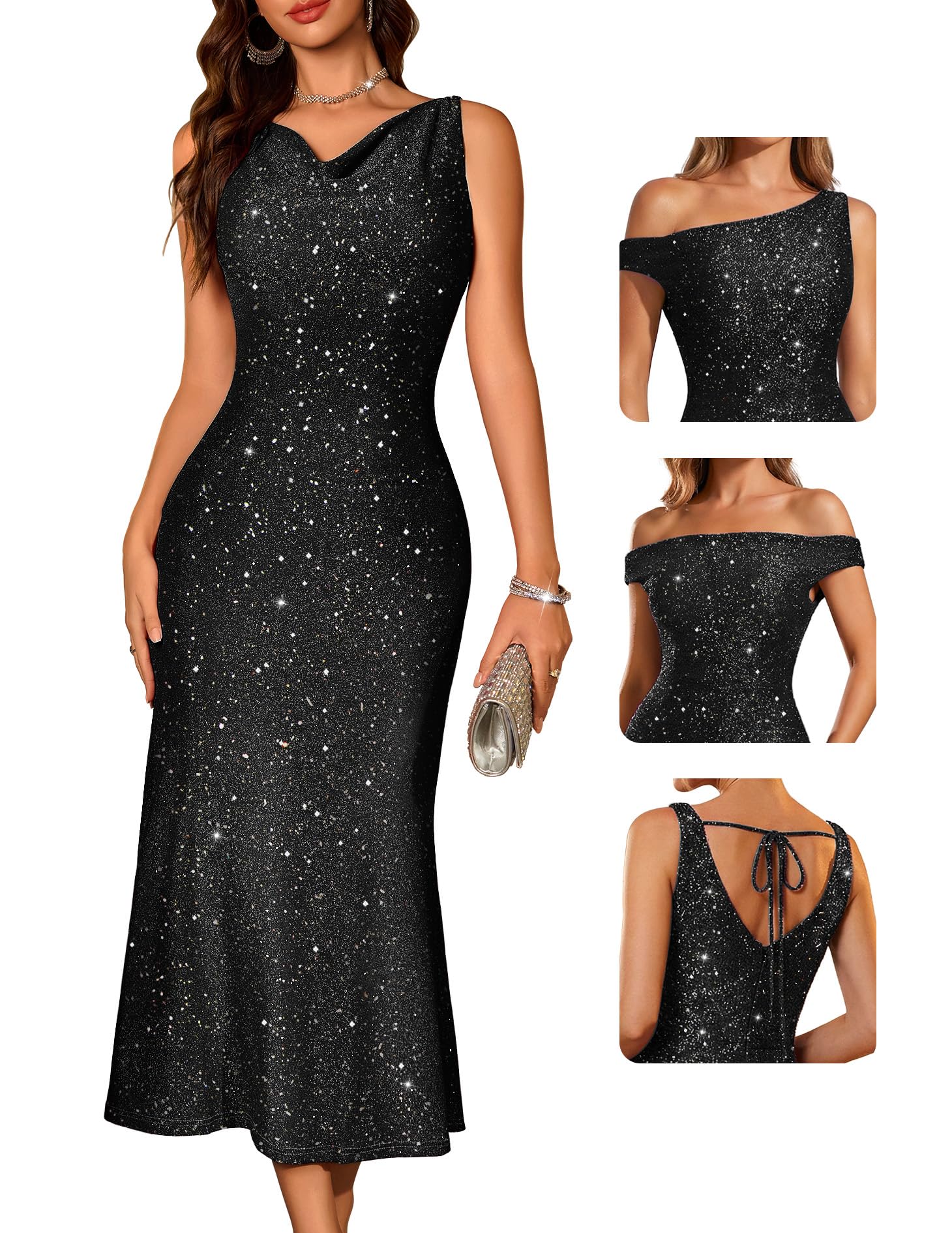 Photo 1 of BeryLove Cocktail Formal Wedding Guest Sequin Homecoming Gown Prom Midi Evening Party Bodycon Sparkle Dresses Ruched Cowl Neck Sleeveless Long Dress 0035 Black XL