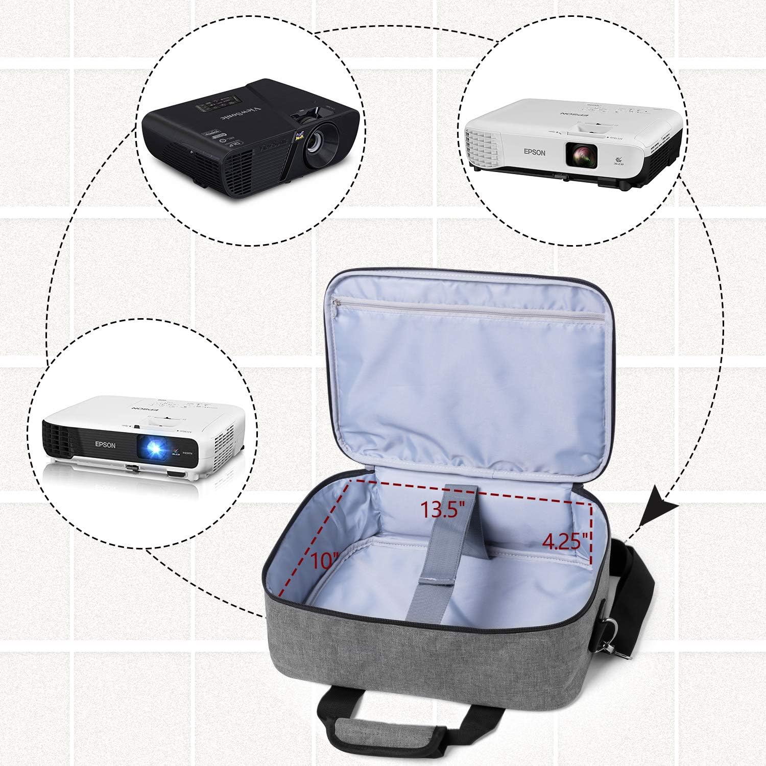 Luxja Projector Case, Projector Bag with Accessories Storage Pockets (Compatible with Most Major Projectors), Medium(13.75 x 10.5 x 4.5 Inches), Gray: Office Products