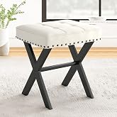 LUE BONA White Vanity Stool - Square Faux Leather Makeup Seat With Metal X Legs, Small Ottoman Chair for Makeup Room, Living Room, Bathroom - Padded Foot Rest