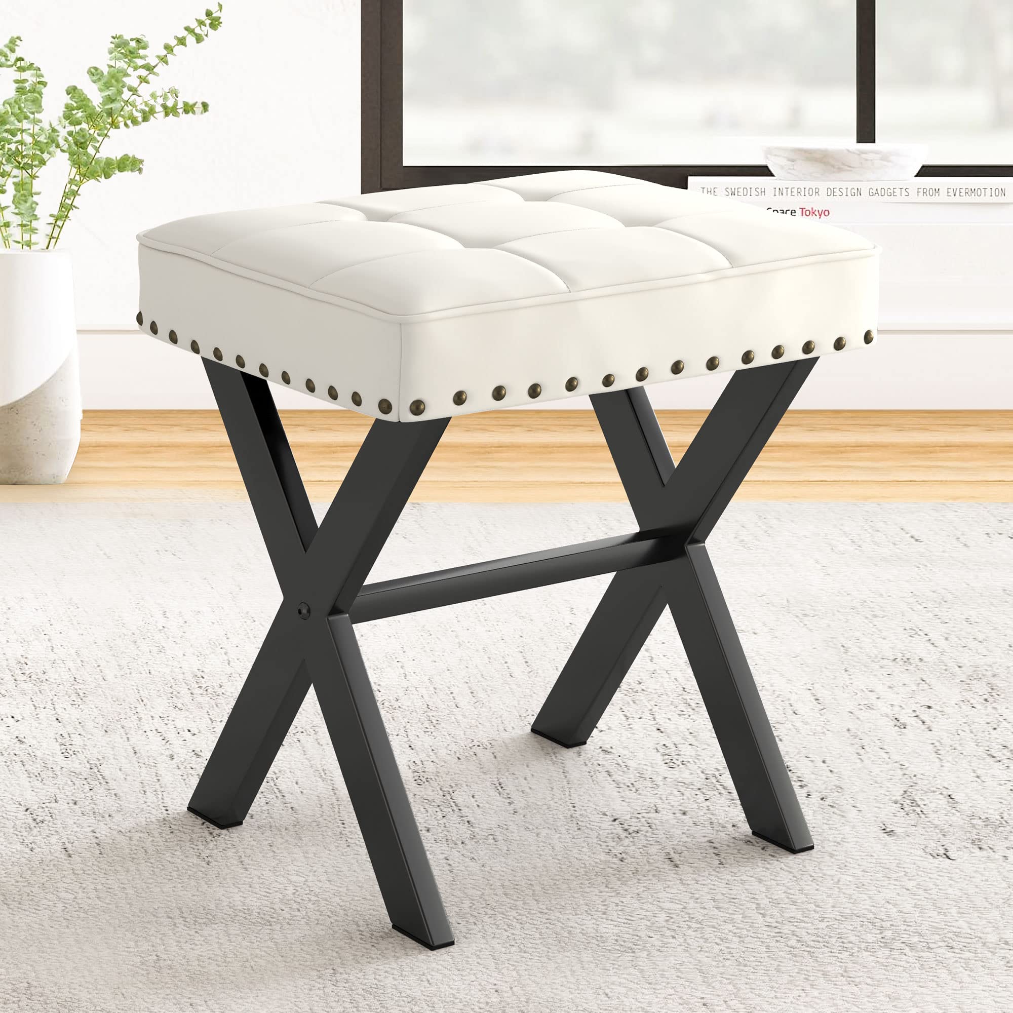LUE BONA White Vanity Stool - Square Faux Leather Makeup Seat With Metal X Legs, Small Ottoman Chair for Makeup Room, Living Room, Bathroom - Padded Foot Rest Image
