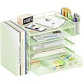 OPNICE Desk Organizer, 5-Tier Paper File Organizer with Drawer & Pen Holder, Office Desk Accessories, Workspace Desktop Organizer for Office Supplies(Green)
