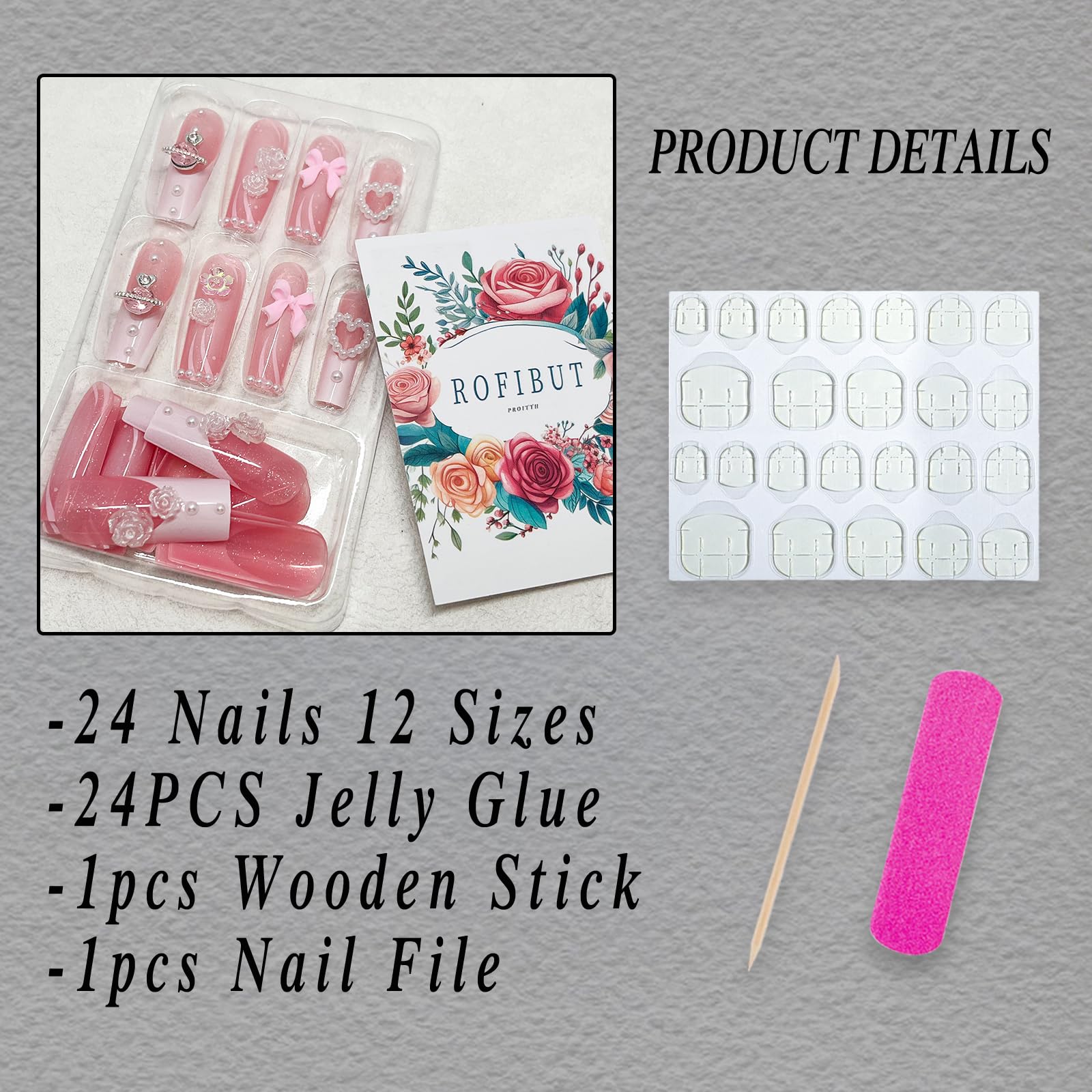 24pcs Long Square Press on Nails French Tip Fake Nails 3D Bow Heart Pearls Planet Charms Rhinestones Designs Acrylic Nails Glossy Pink Full Cover Glue on Nails for Women Girls Manicure Decoration - Image 2