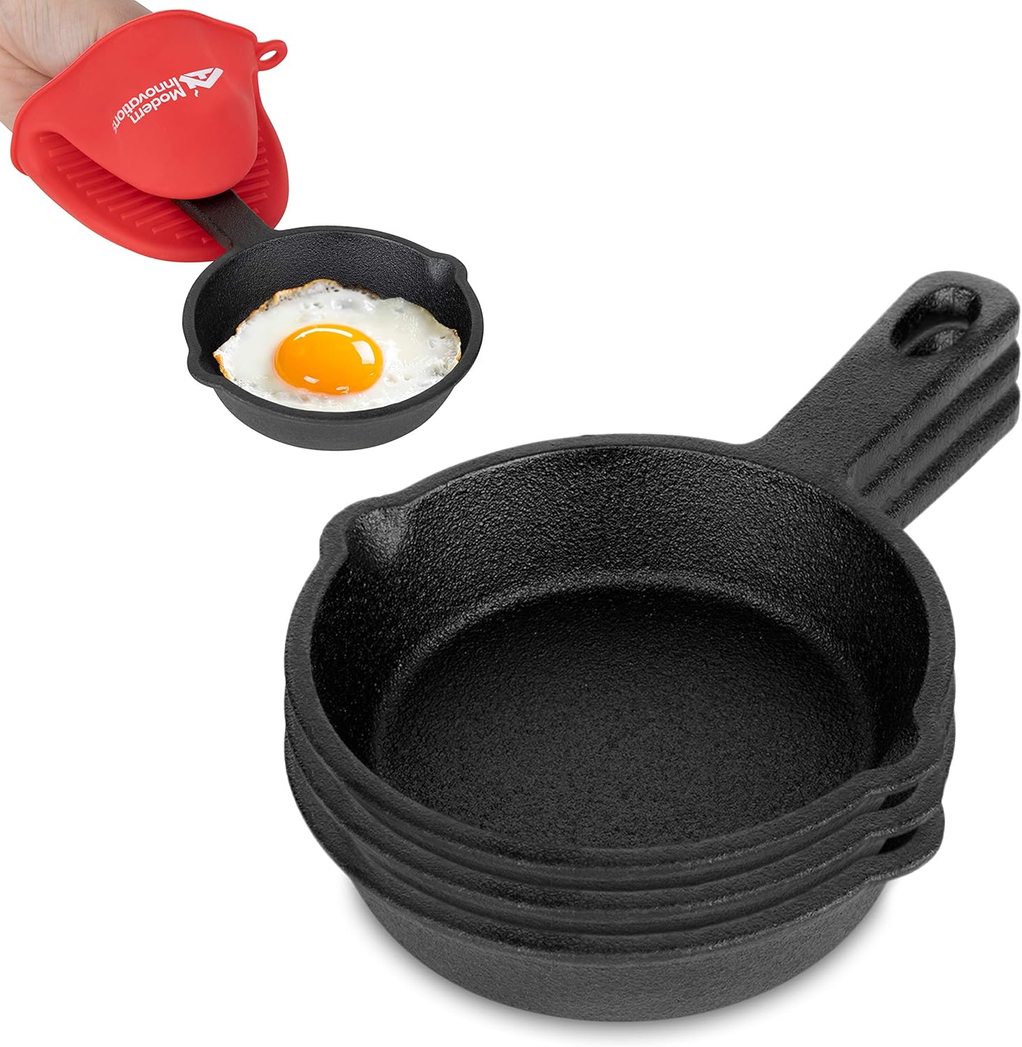 Modern Innovations Mini Cast Iron Skillet with Silicone Mitt (4 Count) - 3.5 Inch Mini Cast Iron Skillet - Pre Seasoned Small Cast Iron Skillet Set - Mini Cast Iron Skillets for Baked Cookie/Brownie: Kitchen & Dining