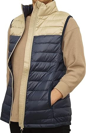 Amazon Co Jp Beau Capsule レディース 2カラー マット仕上 ウルトラ ライト ダウン ベスト 切替ベージュ ネイビー M スポーツ アウトドア