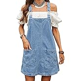 Women's Denim Overall Dress Adjustable Strap Knee-Length Jean Jumper with Front Pockets Soft Breathable Loose Fit