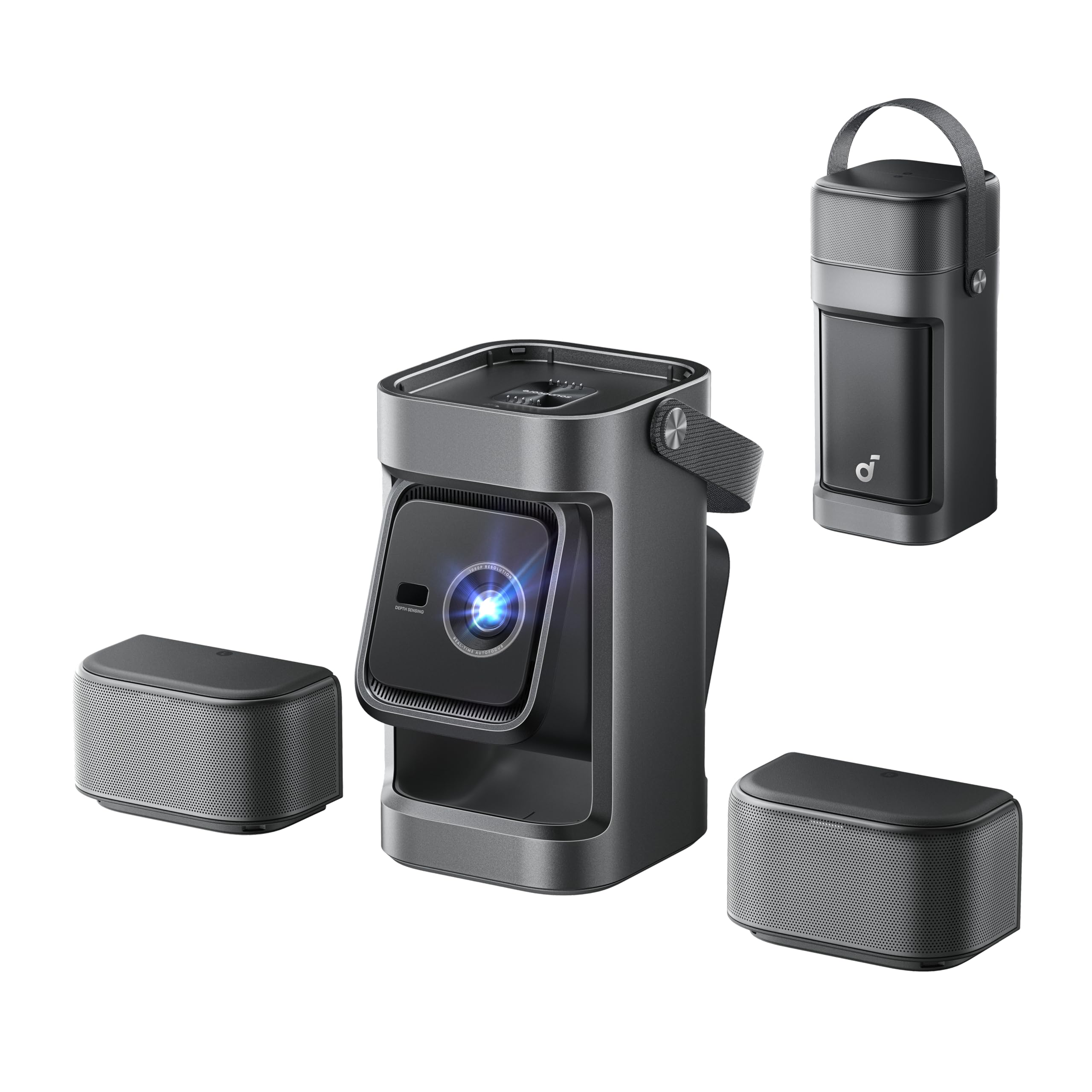 soundcore Nebula P1｜Beamer klein mit abnehmbarem Lautsprecher und integriertem AV-System, 650 ANSI Lumen, 1080p, 2.0 Surround Sound, Dolby Audio, 130°-Gimbal, Auto Kalibrierung, max. 180", Google TV