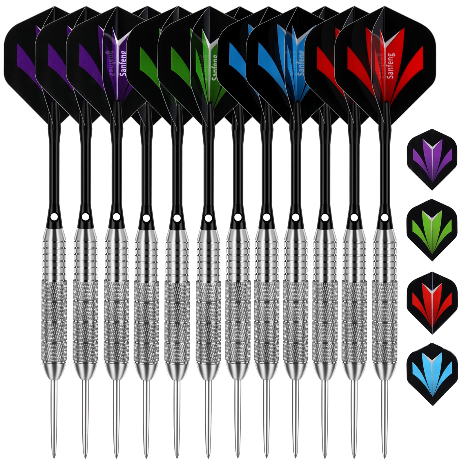 sanfeng 12 Pack Steel Tip Darts Set โ 24G Silver Darts with Flights, Stems (Shafts)